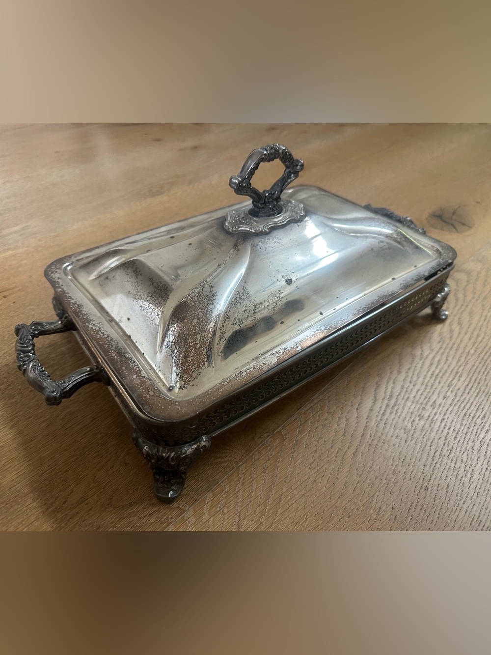 Antique-Style Silver Plated Covered Dish with Ornate Handle
